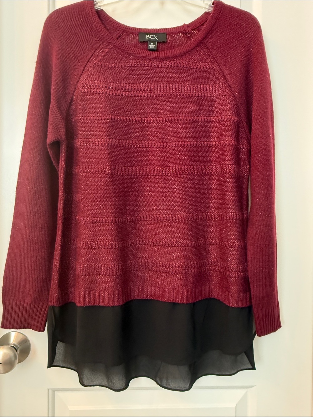 BCX Burgundy Knit Sweater with Black Chiffon Hem